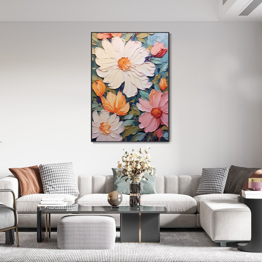3D Original Flower Painting on Canvas Creamy Textured Wall Art Abstract ...