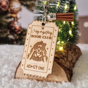 Cozy mystery book club admit one keychain with pompom