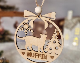 Large personalized cat pendant with first name, wooden bead, Christmas tree, animals, Winter Christmas Collection