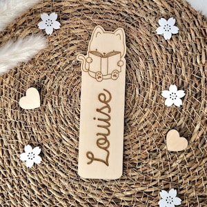Marque-page enfant prénom personnalisé en bois chat livre lecture