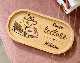 Plateau en bambou personnalisé pause lecture, gravé avec Prénom, pause thé/café, cadeau cosy