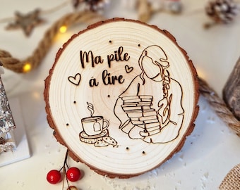 Large wooden log MY PILE TO READ laser engraved