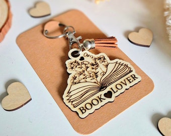 Book lover open book flower heart key ring