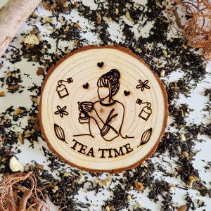 TEA TIME laser engraved wooden log with its pouch