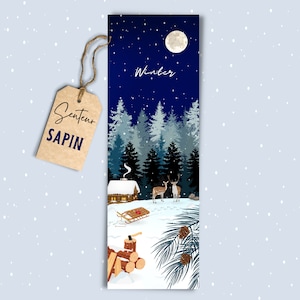 Marque-page parfumé SENTEUR SAPIN / Illustration paysage chalet neige daim forêt winter hiver christmas / Lecture / Bibliothèque / Livres
