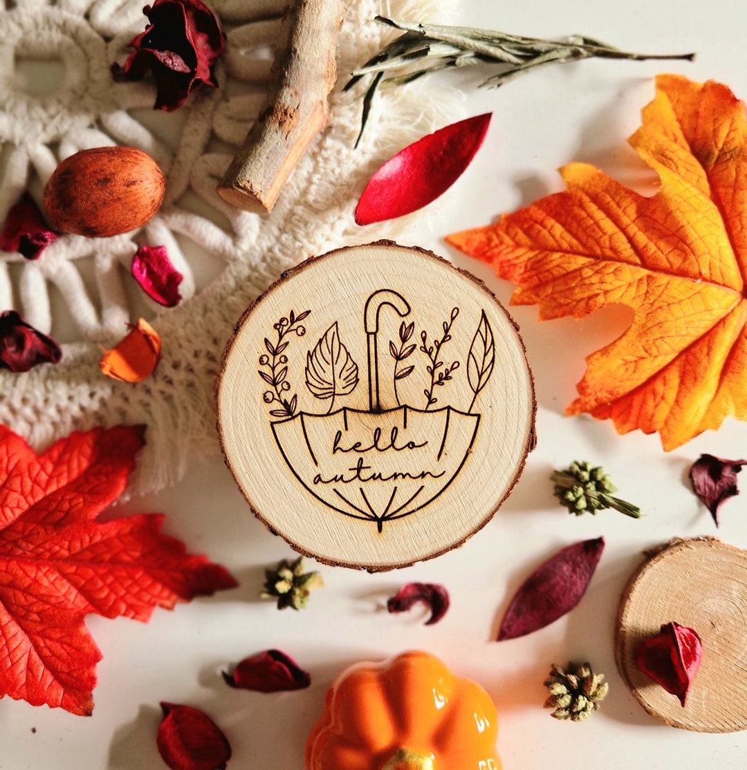 Laser Engraved Wooden Log HELLO AUTUMN Accompanied by Its Pouch - Etsy