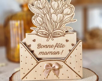 Carte enveloppe aimantée bonne fête maman gravée en bois