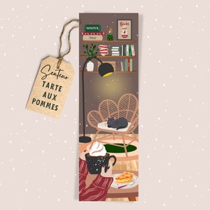 Segnalibro profumato con profumo di APPLE PIE / Illustrazione accogliente / inverno / Natale / gatto / tazza / libri / Natale / Biblioteca