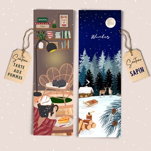 Set of 2 scented bookmarks with APPLE PIE & FIR scent / Cozy illustration / winter / Christmas / books / Christmas