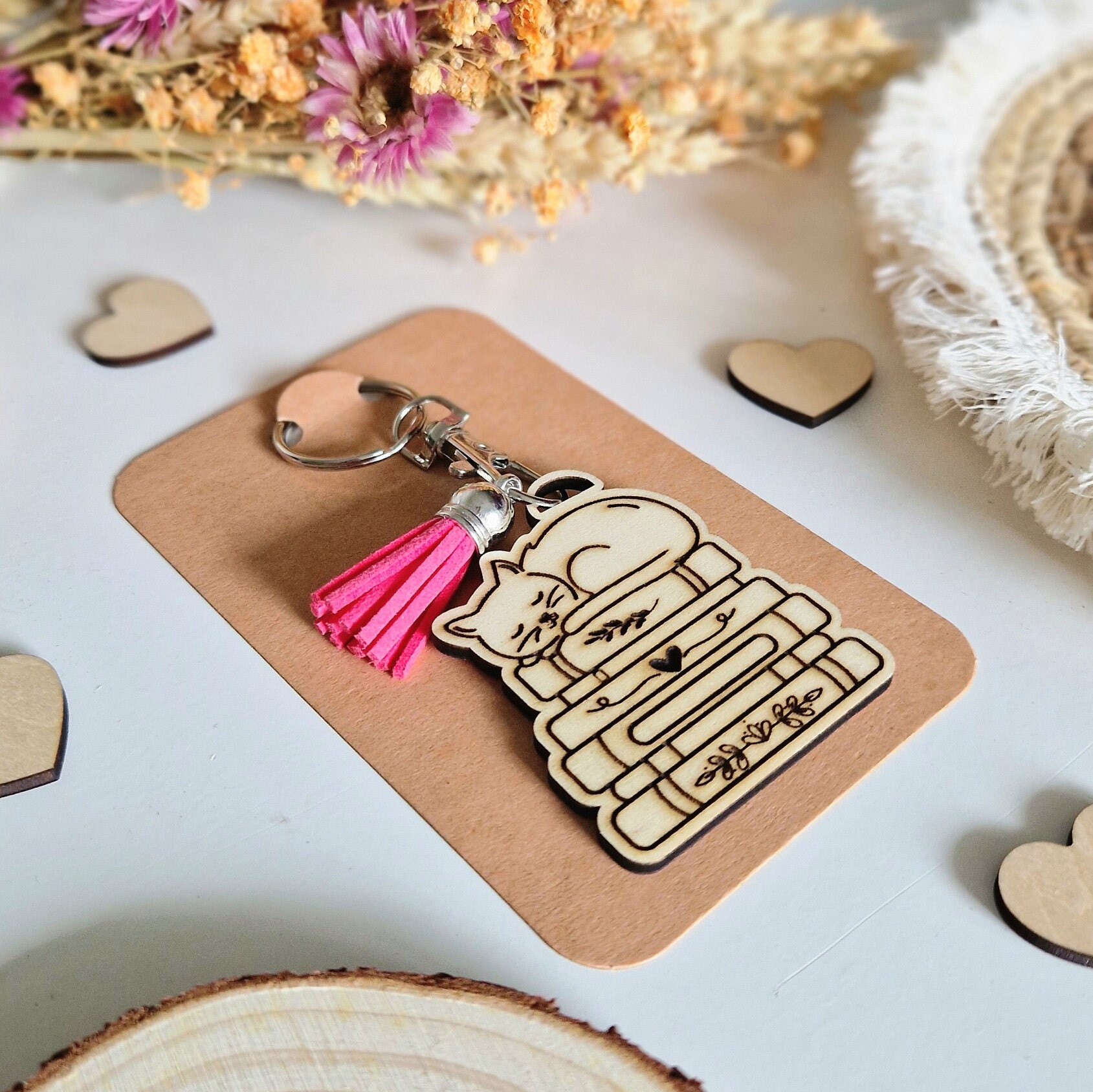 Cat Reading Battery Key Ring With Pompom - Etsy