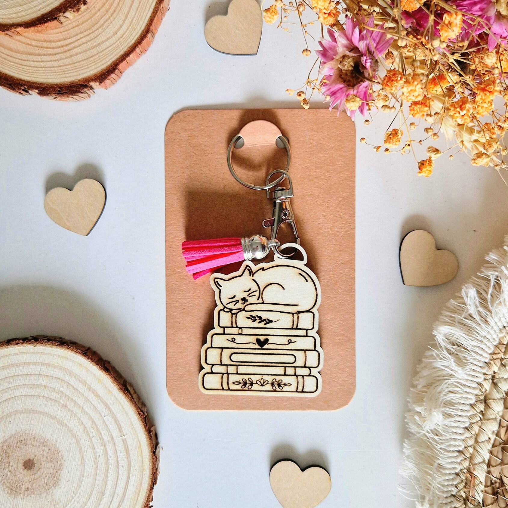 Cat Reading Battery Key Ring With Pompom - Etsy