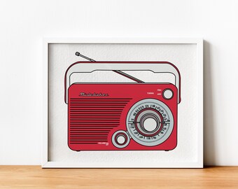 May include: A red vintage transistor radio with a white dial and black lettering. The radio has a black antenna and a white handle. The radio says "Radiola" on the front.