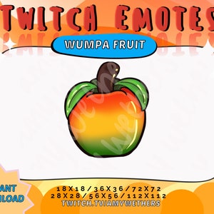 May include: A digital illustration of a cartoon Wumpa Fruit from the video game Crash Bandicoot. The fruit is orange, yellow, and green with a brown stem. The image is surrounded by a white border and a yellow and orange background. The text "TWITCH EMOTES" is at the top of the image and the text "WUMPA FRUIT" is below the fruit. The text "INSTANT DOWNLOAD" is in the bottom left corner of the image. The text "18X18/36X36/72X72 28X28/56X56/112X112 TWITCH.TV/AMYWETHERS" is in the bottom right corner of the image.
