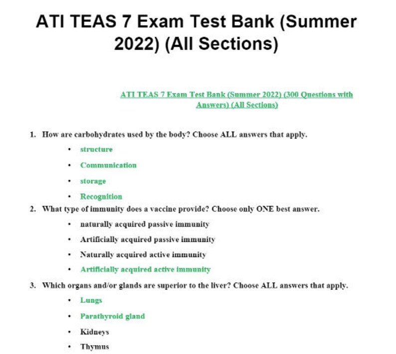 ATI TEAS 7 Exam Test Bank Summer 2022 300 Questions With Etsy