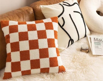 Funda de almohada con diseño de rejilla naranja, funda de almohada con espalda descubierta, funda de almohada única, funda de cojín con mechones para el dormitorio de la sala de estar, decoración nórdica para el hogar