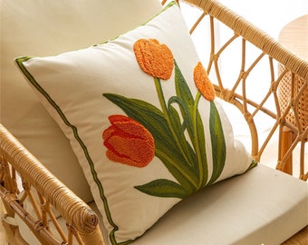 6 Styles Tulip Flower embroidery throw pillow/ Cute flower pillow case / Floral pillow covers / Decorative floral pillow case / Spring decor