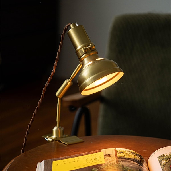 Lampa w stylu vintage z mosiądzu/Lampa z klipsem z mosiądzu/Lampka nocna w stylu industrialnym do sypialni/Dekoracja biurka