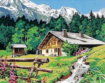 Seg Needlepoint, Tapestry Canvases, 31x23", 981.139 Printed Canvas - Thread Options Available, Alpine Chalet Canvas