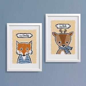 Tierposter 2er-Set, Kinderposter, Fuchs und Reh, gelb, Illustriertes Wandbild, Fineart-Print handsigniert, Wand-Deko