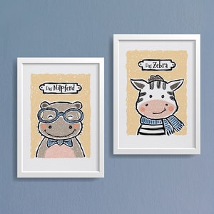 Tierposter 2er-Set, Kinderposter, Nilpferd und Zebra, gelb, Illustriertes Wandbild, Fineart-Print handsigniert, Wand-Deko
