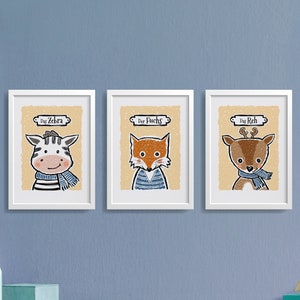 Tierposter 3er-Set, Kinderposter, Zebra, Fuchs und Reh, gelb, Illustriertes Wandbild, Fineart-Print handsigniert, Wand-Deko