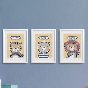 Tierposter 3er-Set, Kinderposter, Tiger, Bär und Löwe, gelb, Illustriertes Wandbild, Fineart-Print handsigniert, Wand-Deko