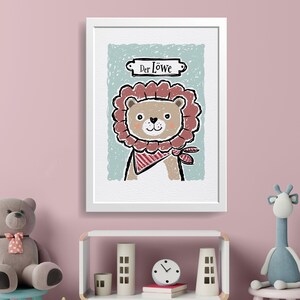 Tierposter Kinderzimmer, Kinderposter, Löwe grün, Illustriertes Wandbild, Fineart-Print handsigniert, Wand-Deko