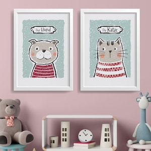 Tierposter 2er-Set, Kinderposter, Hund und Katze, grün, Illustriertes Wandbild, Fineart-Print handsigniert, Wand-Deko