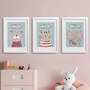 Tierposter 3er-Set, Kinderposter, Hund, Katze und Elefant, grün, Illustriertes Wandbild, Fineart-Print handsigniert, Wand-Deko