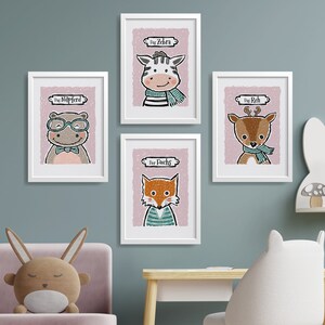 Tierposter 4er-Set, Kinderposter, Nilpferd, Zebra, Fuchs und Reh, rot, Illustriertes Wandbild, Fineart-Print handsigniert, Wand-Deko