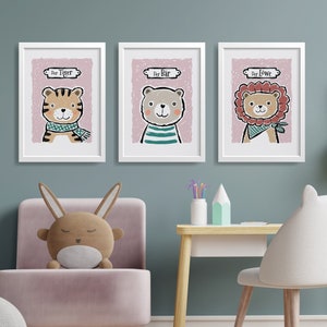 Tierposter 3er-Set, Kinderposter, Tiger, Bär und Löwe, rot, Illustriertes Wandbild, Fineart-Print handsigniert, Wand-Deko