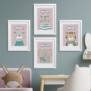 Tierposter 4er-Set, Kinderposter, Hund, Katze, Elefant und Tiger, rot, Illustriertes Wandbild, Fineart-Print handsigniert, Wand-Deko