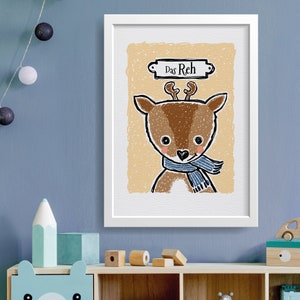 Tierposter Kinderzimmer, Kinderposter, Reh gelb, Illustriertes Wandbild, Fineart-Print handsigniert, Wand-Deko