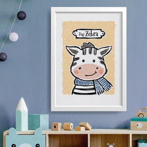 Tierposter Kinderzimmer, Kinderposter, Zebra gelb, Illustriertes Wandbild, Fineart-Print handsigniert, Wand-Deko