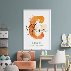 Name poster, children's poster, personalized gift for birth or baptism, letter mural, hand-signed fine art print, wall decoration