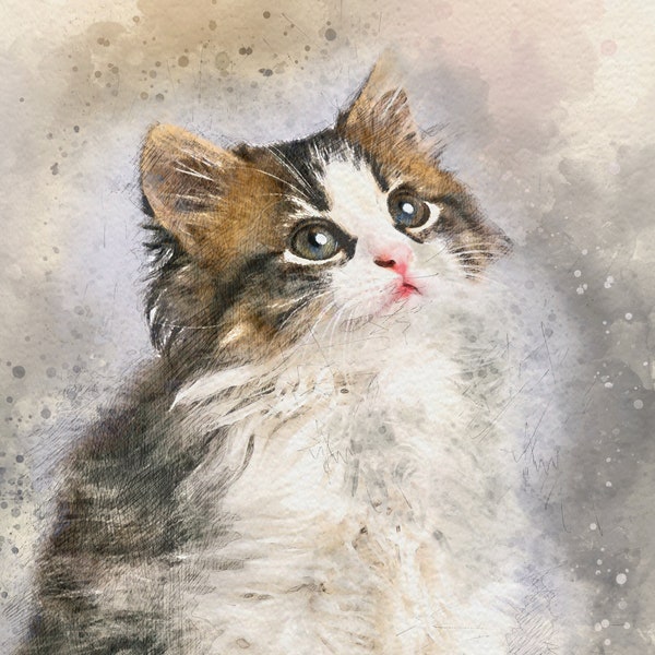 Aquarell-Portrait vom Foto, Katze im Aquarell-Stil, digitale Malerei, Aquarellbild, Geschenk für Sie und Ihn