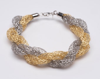 Italian Artisan Made Sterling Silver Jersey Bracelet Hand-knitted Twisted Silver 925 Jersey Tubes Bicolor - Rhodium & Yellow Gold Vermeil