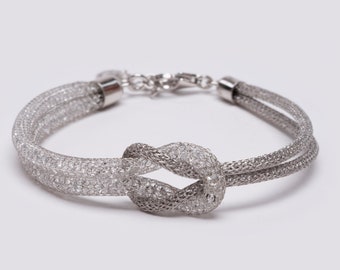 Sparkling Infinity Artisanal 925 Sterling Silber Armband Handgestrickt Silber Jersey Tubes mit Kristallen - Rhodiniert, Gold oder Roségold vergoldet