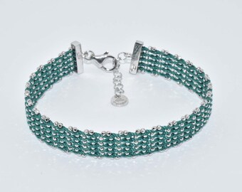 Fabriqué artisanalement 925 Sterling Bracelet Chaîne sphérique tressé avec des fils de coton resplendissants Largeur 10mm, 0,4 « - Plaqué Rhodium & Or