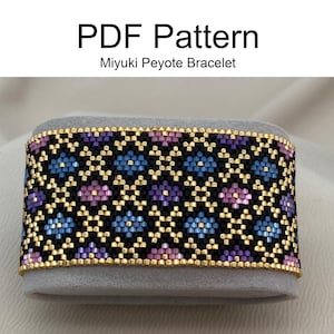 May include: A close-up of a beaded bracelet with a geometric pattern in shades of blue, purple, pink, gold, and black. The bracelet is made with Miyuki seed beads and is a peyote stitch pattern. The text "PDF Pattern Miyuki Peyote Bracelet" is visible above the bracelet.
