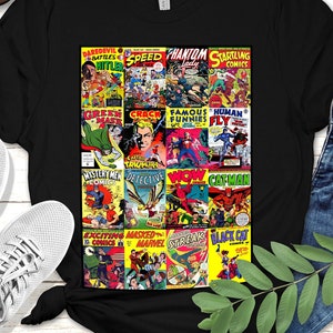 Vintage Super Hero Comic Book Covers Tee | Unisex, Retro Comic Books T-shirt, Great Comics Fan Gift, 40s & 50s Comic Books, Comic Collector