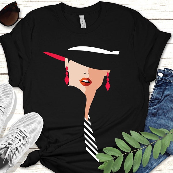 Sophisticated Lady with Hat | Unisex, Classic Art Style, Red Lipstick Girl, Cool Design, Art Shirt, Gift For Valentine, Fashionable Woman