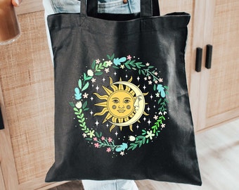 Tote Bag Canvas Sun & Moon Vintage Celestial Art Graphic Birthday Gift for Best Friend Boho Sack Colorful Cottagecore