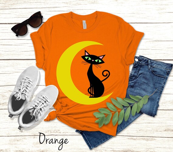 Fun Halloween Cat Tee, Unisex, Midcentury Space Age Atomic Kitten, 1950's Black Cat, Retro Kitty Moon T-shirt, Spooky Season Cat Lover Shirt