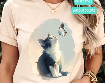 Kitten and Butterfly Watercolor Art Tee | Cat Lover Unisex Shirt, Kitty Mom Gift Idea, Cat Owner T-shirt, Cat Lady Birthday Present