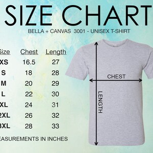 Op de afbeelding: Maattabel voor Bella + Canvas 3001 unisex T-shirts. De tabel toont borst- en lengtemaat in inches voor maten XS tot 3XL.