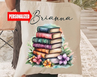 PERSONALIZED BOOK LOVER Tote Bag | Books & Flowers Canvas Bag, Book Carrying Bag, Book Lover Gift, Library Shoulder Bag, Reader Present