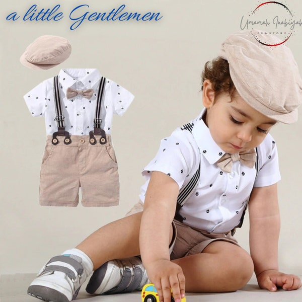 Baby Boy Gentleman Romper Formal Style with Bow and Hat |Baby Boy baptism outfit| Baby boy Tux|Baby Boy Christening clothes|Birthday clothes