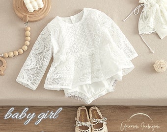 Baby Girl Romper - Traje de encaje blanco Cake Smash, Vestido de primer cumpleaños para niños pequeños, Regalo de bebé nuevo bordado floral, Vestido de niña para boda