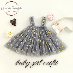 Daisy Tutu Kleid, blaue Tüll Blume Kleid, Baby Kleinkind Outfit, Mädchen Geburtstag Fee Regenbogen Prinzessin Kleid, ersten Geburtstag Kleid Grey